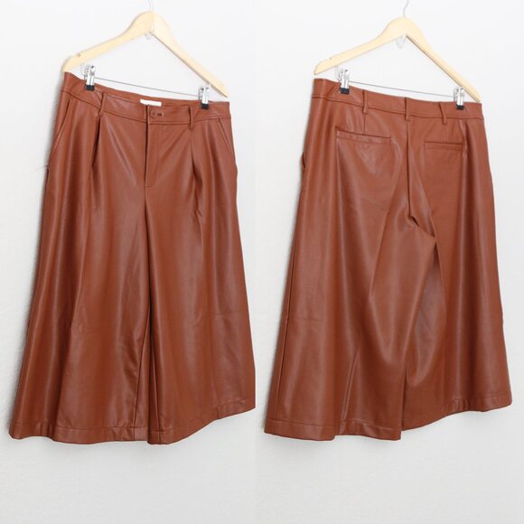 NEW Anthropologie Davina Faux Leather Culottes Pants Plus 14P Cognac Brown $128 - Picture 6 of 16